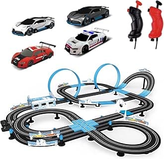 AGM MASTECH Slot Car Race Track Set, High Speed Series Tram Dual Track Set with 4 Licensed Racing Slot Cars, 2 Hand Controls, Track Parts and Lap Counter, 13.5M Long Track, Black