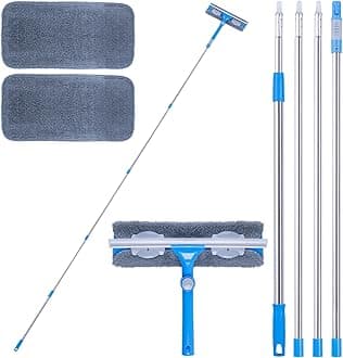 Mitclear 12 Foot (3.7m) Window Squeegee Cleaner Kit, Extension Poles + Silicone Squeegee (12in) + Window Washer, 2 in 1 Windows Glass Cleaning Tool for Indoor/Outdoor High Windows, Blue (IKU-110370)