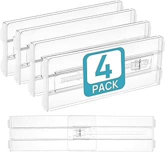 4 Pack Drawer Dividers for Clothes, 4" High 10.2"-16.5" Adjustable Expandable Dresser Drawer Organizer, Clear Plastic Separators for Dresser, Baby Clothing, Underwear, Cosmetic, Toiletries