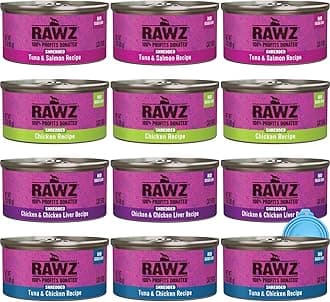 Rawz Natural Premium Canned Cat Wet Food Shredded -12 Pack Cans Variety Pack -4 Flavors with Yow Pet Lid- (Tuna & Salmon, Chicken & Liver, Tuna & Chicken, Chicken)- (3oz Cans)