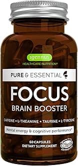 Pure and Essential Focus Comprehensive Nootropic, 200mg Caffeine, L-Theanine, Taurine, L-Tyrosine, B-Vitamins, Non-GMO, Brain Booster and Cognitive Performance, Fast Acting & Non Jittery, 60 Capsules