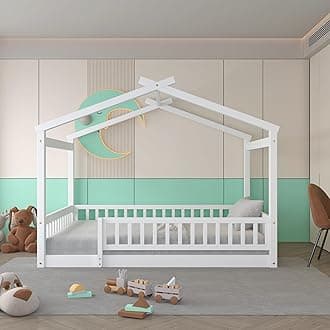 Bellemave Full Size House Bed Frame, House Beds for Kids, Montessori Floor Bed with Fence, Playhouse for Kids, Full,White