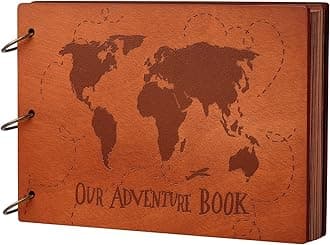 Our Adventure Book 11.9 * 7.6 Inch Scrapbook Photo Album, Retro 3D Wooden Travelling Diary JournalScrap Book For Couples Memory Book ForAnniversary Wedding,Vintage Guestbook,Valentine's Day Gift