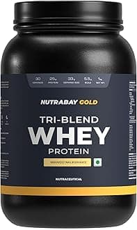 Nutrabay Gold Tri Blend Whey Protein Powder - 1kg, Mango Milkshake | 25g Protein, 5.5g BCAA | Concentrate, Isolate, Hydrolyzed Protein | Muscle Growth & Recovery | Gym Supplement for Men & Women