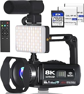 Video Camera, 8K Camcorder UHD 48MP 15FPS WiFi Vlogging Camera with IR Night Vision for YouTube, 3" LCD Touch Screen 18X Digital Zoom, with Fill Light, Mic, Lens Hood, Remote and 2 Batteries