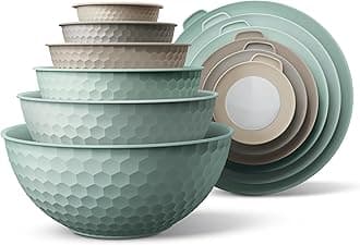 Mixing Bowls with Lids - 12 Piece Plastic Nesting Bowls Set includes 6 Prep Bowls and 6 Lids, Microwave Safe Mixing Bowl Set, Mint Embossed