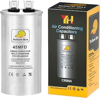 HVAC YELLOW HATCapacitor for Air Conditioner 45 uf MFD 370 or 440 Volt VAC, Multi-Purpose Round Capacitor, 5 Year Warranty