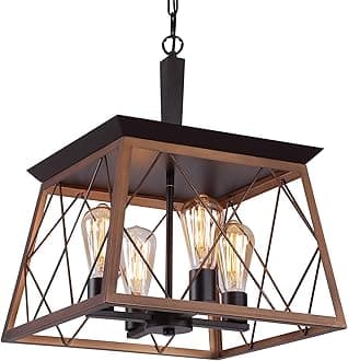 Q&S Farmhouse Rustic Chandeliers,Antique Geometric Pendant Light,Bronze+ ORB,4-Lights Industrial Hanging Light Fixtures for Dining Room Kitchen Island Entryway Foyer UL Listed