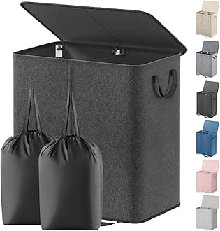 Lifewit Double Laundry Hamper with Lid and Removable Laundry Bags, Large Collapsible 2 Dividers Dirty Clothes Basket with Handles for Bedroom, Laundry Room, Closet, Bathroom, College, Black