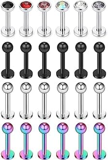 Ruifan 24PCS 16G 316L Stainless Steel 3mm Ball Labret Monroe Lip Ring Tragus Helix Cartilage Earring Stud Barbell Bar Length 6mm 8mm 10mm Body Piercing Jewelry
