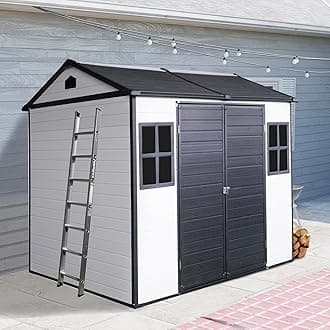 8x6 FT Outdoor Storage Shed with Floor, Plastic Garden Tool Shed with Windows, Vents & Lockable Door, Easy to Assemble Resin Bike Shed for Patio, Backyard, Lawn, White