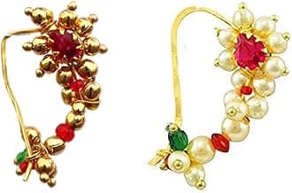 Combo of 2 Traditional Maharashtrian Nath Multicolour Gold Plated With Piercing Nose Ring Pin for Women Size- 3 cm
