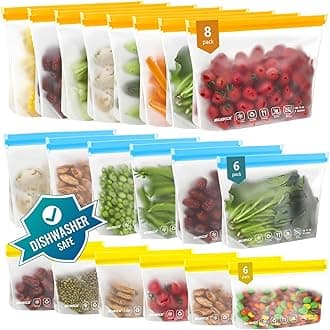 20Pack Reusable Bags Dishwasher Safe, Leakproof Reusable Freezer Bags, BPA Free Healthy Food Storage Contaizers Sandwich Snack Baggies for Lunch Travel(8 Gallon 6 Quart 6 Snack,Colored)