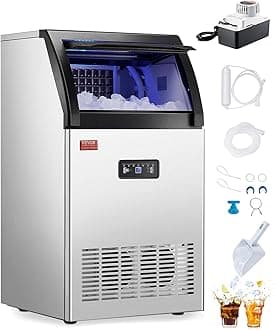 VEVOR130lbs/24H Commercial Ice Maker Machine with Drain Pump, 33lbs Storage Capacity Ice Maker, 55 Ice Cubes in 15 Minutes, LED Digital Display Freestanding Self-Cleaning for Bar Office Restaurant