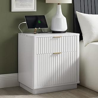 T4TREAM 23'' Fluted Nightstand with Charging Station, Large 2 Drawer Bedside Table, Modern End Table with Storage, Mid Century Night Stand for Bedroom, Living Room, Curved Profile, Solid White