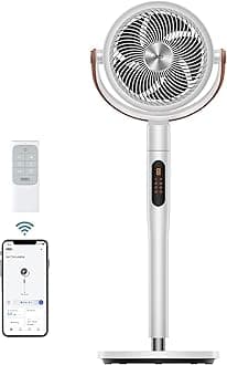 Fan for Bedroom, 100ft Standing Fan for Home, 120°+105°Smart Oscillating Pedestal Fans with Voice Control, DC Motor, Quiet Fan