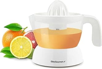 Elite Gourmet ETS-411 BPA-Free 30-Watt Electric Citrus Juicer Extractor: Compact Large Volume Pulp Control Oranges, Lemons, Limes, Grapefruits with Easy Pour Spout, 16 oz, White