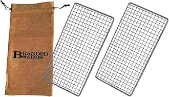 Portable Bushcraft Stainless Steel BBQ Cooking Grill Grate, Survival Bugout Fire Starter Kit, Ferro Rod, Waxed Jute Rope Tinder, Fire Scraper, Burlap Bag (Two Large Grills + Bag)