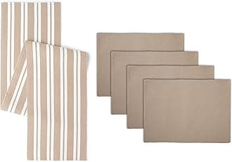 Encasa XO Table Runner And Placemats Set 4 | Fine Ribbed Cotton | Franca Beige | 1 Table Runner Size 32X150 Cm & Each Table Mat Size 48X32 Cm, Medium