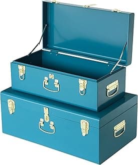 Vixdonos Decorative Large Metal Box Storage Trunk Chest Set of 2 College Dorm Organizer with Hardware Hasps and Handle for Home Deocr,23.7X14.2X9.5 Inches,Blue