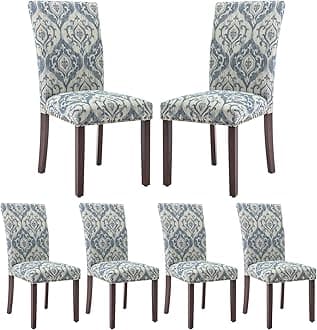 COLAMY Upholstered Parsons Dining Chairs Set of 6, Fabric Dining Room Kitchen Side Chair with Nailhead Trim and Wood Legs, Blue/White Flower