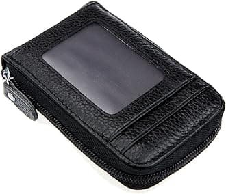 RFID Blocking Genuine Leather Mini Credit Card Case Organizer Compact Wallet with ID Window - Black
