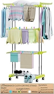 LIVINGBASICS 18 Clips with 3 Layer Clothes Stand for Drying/Cloth Drying Stand/Cloth Stand for Drying Clothes Foldable/Cloth Drying Stand for Balcony/Stainless Steel Dryer Rack (Lime Green)
