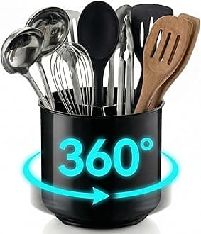 Cooler Kitchen Extra Large and Sturdy Rotating Black Utensil Holder Caddy with No-Tip Weighted Base, and Gripped Insert | Rust Proof and Dishwasher Safe Utensils Holder and Cutlery Holder