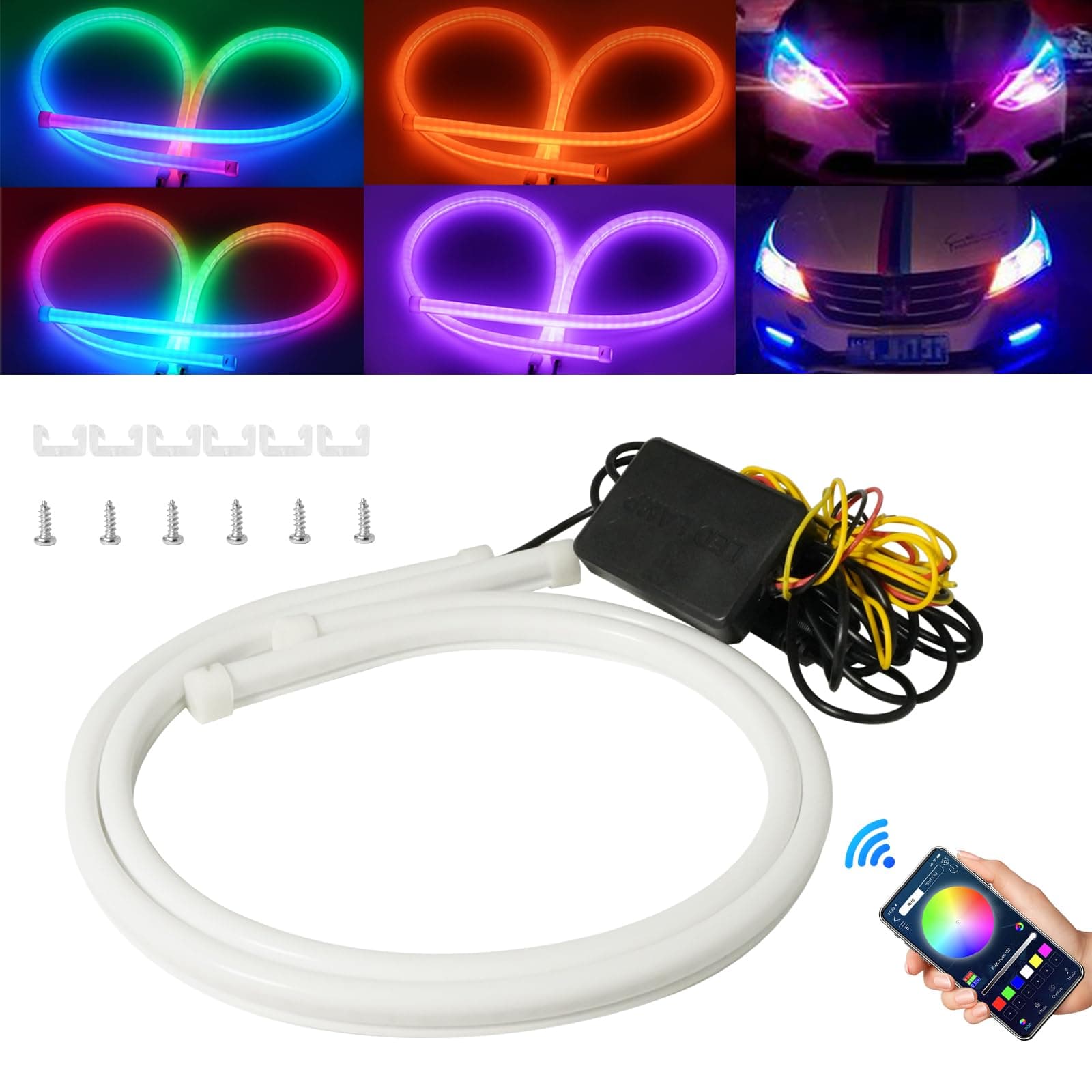 QasimSequential LED Strips APP Bluetooth Control RGB Multi Color Headlight 24Inch LED Daytime Running Lights Flexible DRL Tube Strip 12V 2-Pack