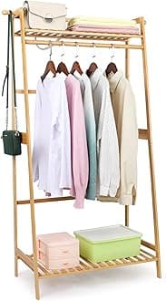 Portable Kids Clothes Racks for Hanging Clothes Organizer,Bamboo Garment Rack with Shelves, Wooden Small Corner Clothing Racks Bedroom, Narrow Space,Free Standing