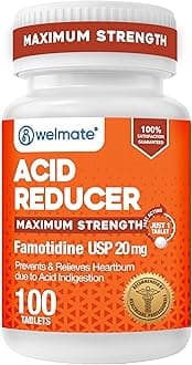 WELMATE - Famotidine Acid Reducer, 20mg - Maximum Strength - Heartburn Relief - Acid Indigestion - Stomach Relief - Works in 15 Minutes, 12 Hour Relief - Generic Medication - Value Size - 100 Tablets