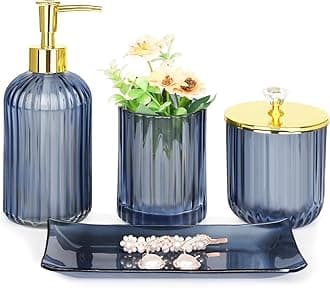 Bathroom Accessories Set, 4 Pcs Blue Glass Bathroom Accessories Sets Complete w/Lotion Soap Dispenser, Toothbrush Holder, Apothecary Jar, Vanity Tray, Bathroom Decor, Gift for Home Apartment