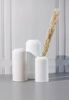 Craftribal's Modern Ceramic Flower Vase for Living Room, Flower Pots for Home Decoration, Home Decor, Line Vase (Set of 3PCS) White