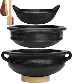 Craftsman India Online Deep Burned Clay Handi/Pot and Kadai for Cooking and serving Combo 1, 2 & 3 Liter