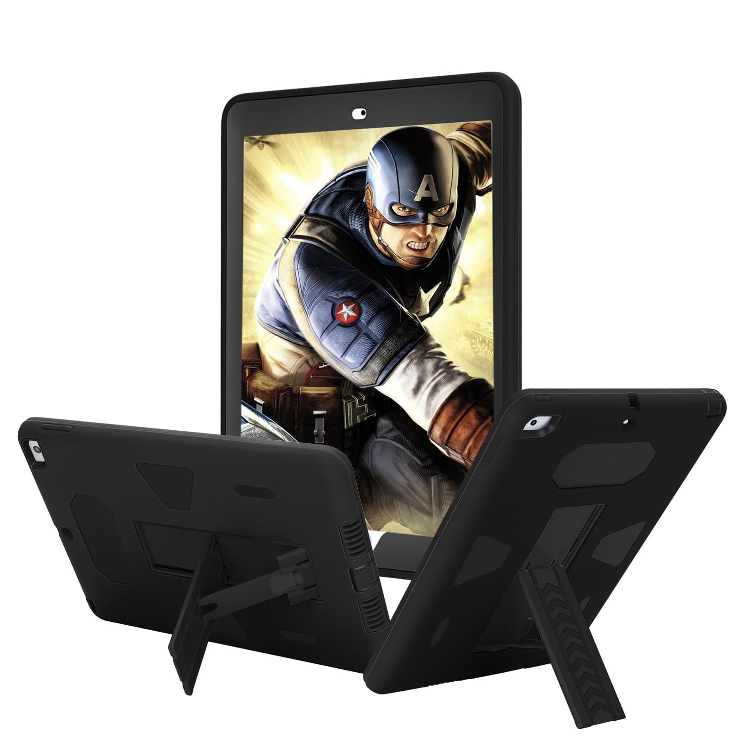 The New iPad 2017,iPad 9.7 Case,HAIKE Three Layer Armor Defender Full Body Protective Case Cover new ipad 2017 Heavy Duty Tough Rugged Hybrid Stand Shockproof Case (Black+Black)