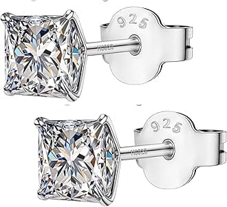 HighSpark Solitaire 92.5 Sterling Silver Stud Earrings with Shiny Square Cubic Zirconia for Men Women Boys Girls