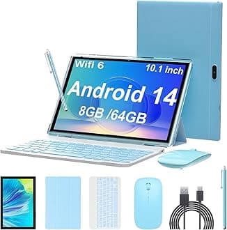 Android 14 Tablet, 10 Inch 8GB RAM+64GB ROM+1TB Expand, 1.8Ghz Quad-core Processor, 2 in 1 Tablets with Keyboard/Mouse/Case/Stylus, 8MP Camera, 6000mAh Battery, 1280 * 800 HD Screen, 5G WiFi 6 Tablet