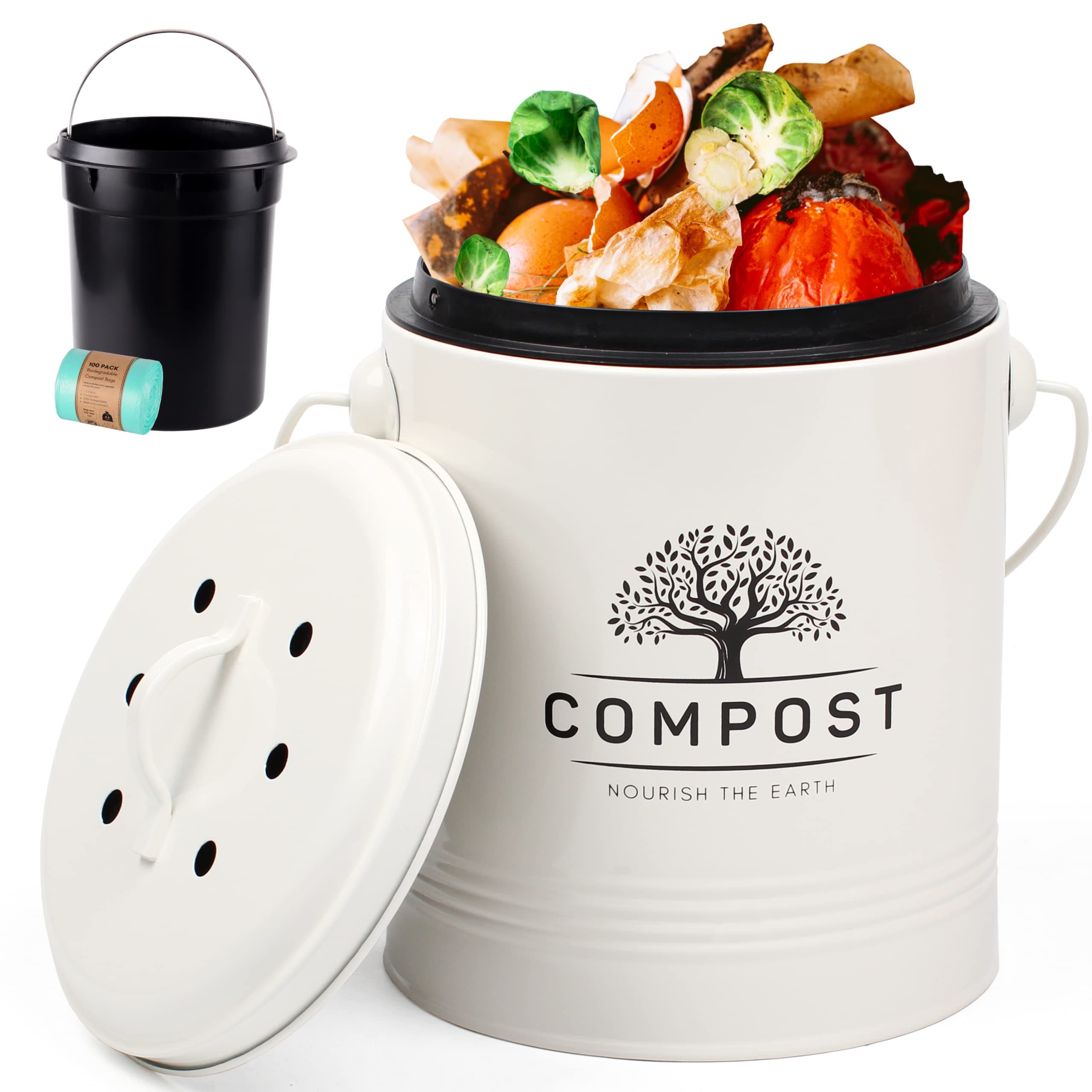 Perfnique Kitchen Compost Bin, 1.3 Gallon Countertop Compost Bin with Lid, Indoor Compost Bucket Includes Inner Bucket Liner and Carbon Filter, Small Compost Bin with Trash Bags (with Bags, Cream)