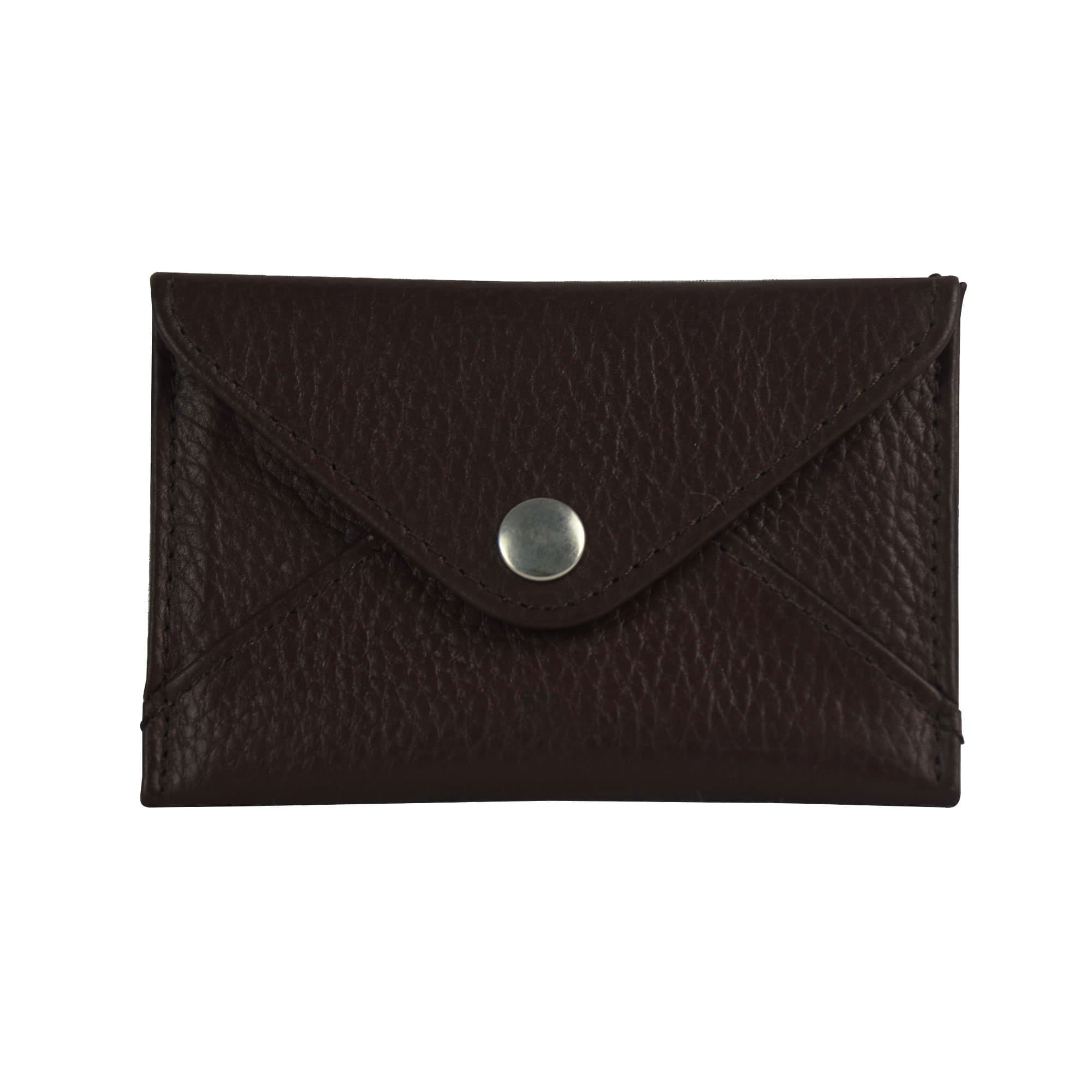 Genuine Leather Large Card Holder / Envelope Wallet with Two Pockets and Button Closure, Brown