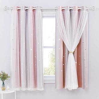 NICETOWN Kids Blackout Curtains Voile - Eyelet Top Thermal Insulated Curtains Light Blocking Filter Window Star Curtain for Kids Girls Nursery Bedroom, Grey Pink, 2 Panels, W52 x L54 Inch (132x137 cm)