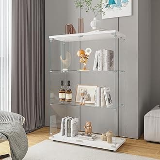 Beauty4U 2-Door Glass Display Cabinet, White Curio Cabinets for Living Room, Bedroom, Office, Collection Display, Quick Installation in 30 Mins, 3 Shelves White Floor Standing Glass Bookshelf