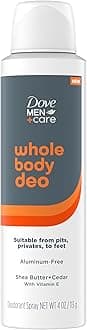 Dove Men+Care Whole Body Deo Aluminum-Free Deodorant Spray Shea Butter + Cedar Suitable from Pits, Privates, to Feet with Vitamin E 4 oz