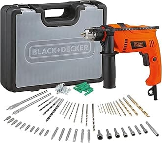 BLACK+DECKER Corded Electric Hammer Percussion Drill, 650W, 13mm, Includes 50-Piece Accessory Bit Set, Kitbox, for Metal, Concrete & Wood Drilling, Easy Storage, Orange/Black - HD650KIT-B5