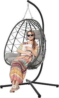 Indoor Outdoor Swing Chair Comfy Outdoor Wicker Egg Chair with Stand, Hanging Chair, Metal Frame and UV Resistant Cushion Patio Hanging Basket Chairs, for Patio, Bedroom, Garden (Gray1)