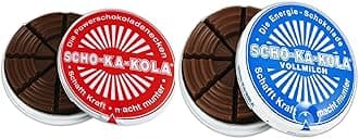Dark Chocolate and Milk Chocolate SCHO-KA-KOLA with natural Caffeine from Cocoa, Cola-Nut-Powder and Coffee 2 tins x 100 g/Germany