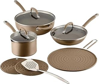 A1 Series with ScratchDefense Technology Nonstick Induction Pots and Pans, Metal Utensil Safe, Includes Splatter Guard, Slotted Turner and Silicone Trivets, 10 Piece Cookware Set - Champagne