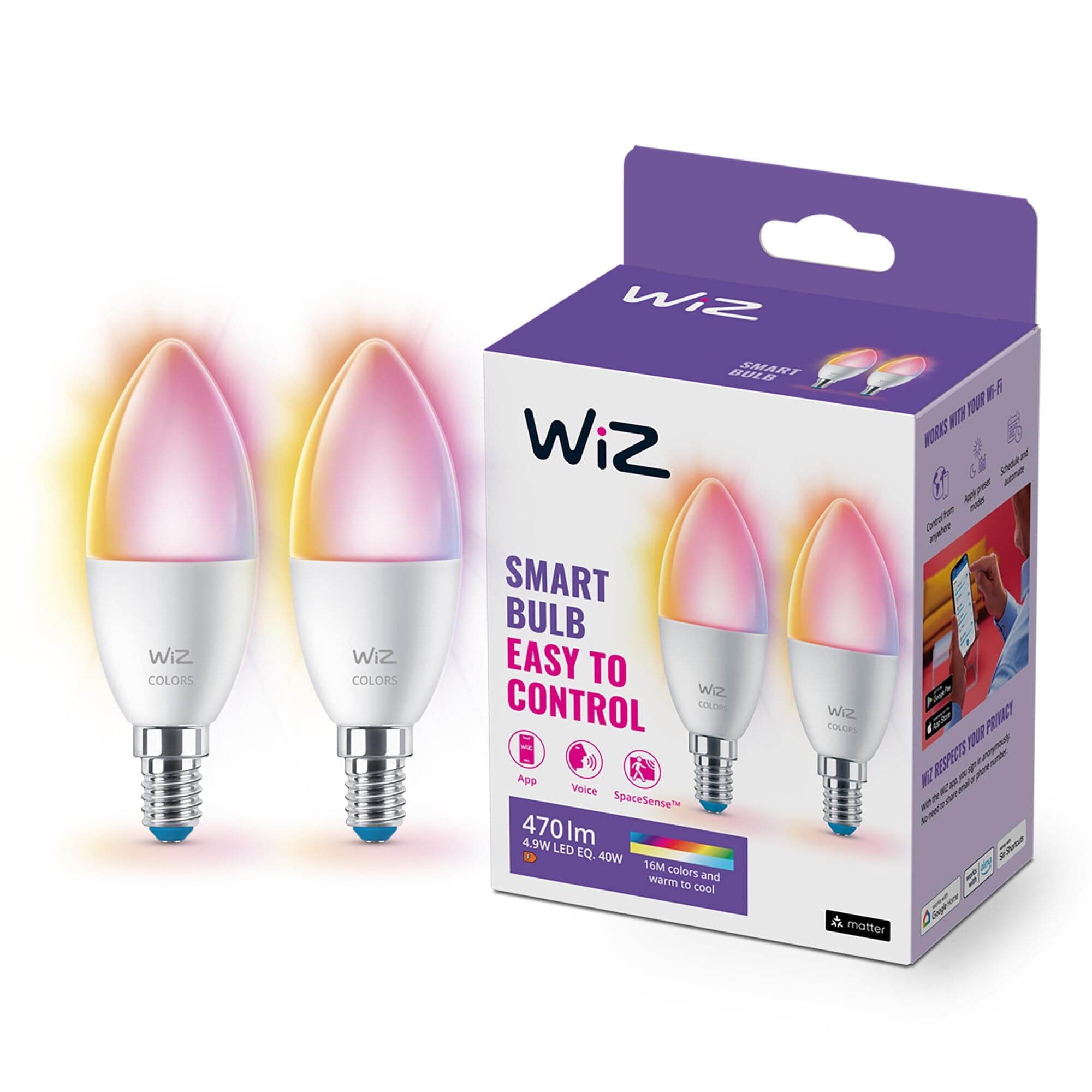 Colour [E14 Small Edison Screw] Smart Connected WiFi Candle Light Bulb. 40W Colour and White Light, App Control for Home Indoor Lighting, Livingroom, Bedroom.