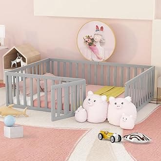 Queen Size Floor Bed for Children, Sturdy Wood Montessori Bed Frame with Fence & Door Montessori Floor Bed for Girls and Boys, Gray (No Bed Slats)