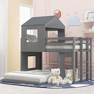 House Bunk Beds No Box Spring Needed with Roof, Window, Safety Guardrail and Ladder for Teens, Girl or Boys Loft, Twin Over Full, Gray
