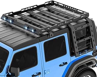 for JL JLU Hard Top Roof Rack Cargo Basket with Ladder & 4 LED Lights Compatible with 2018-2025 Jeep Wrangler JL JLU Unlimited 2&4 Doors Hardtop, Rooftop Rack Storage Holder Luggage Carrier
